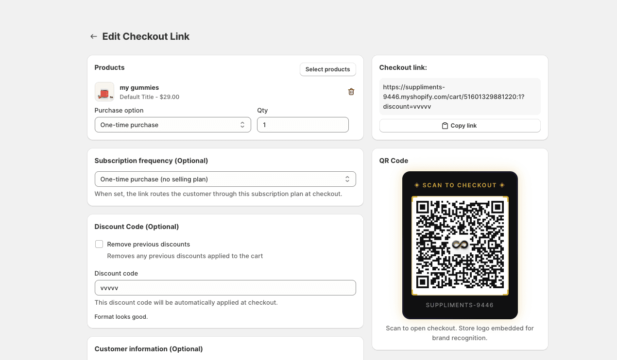 RecurX Edit Checkout Link page with auto-applied discount and branded QR code