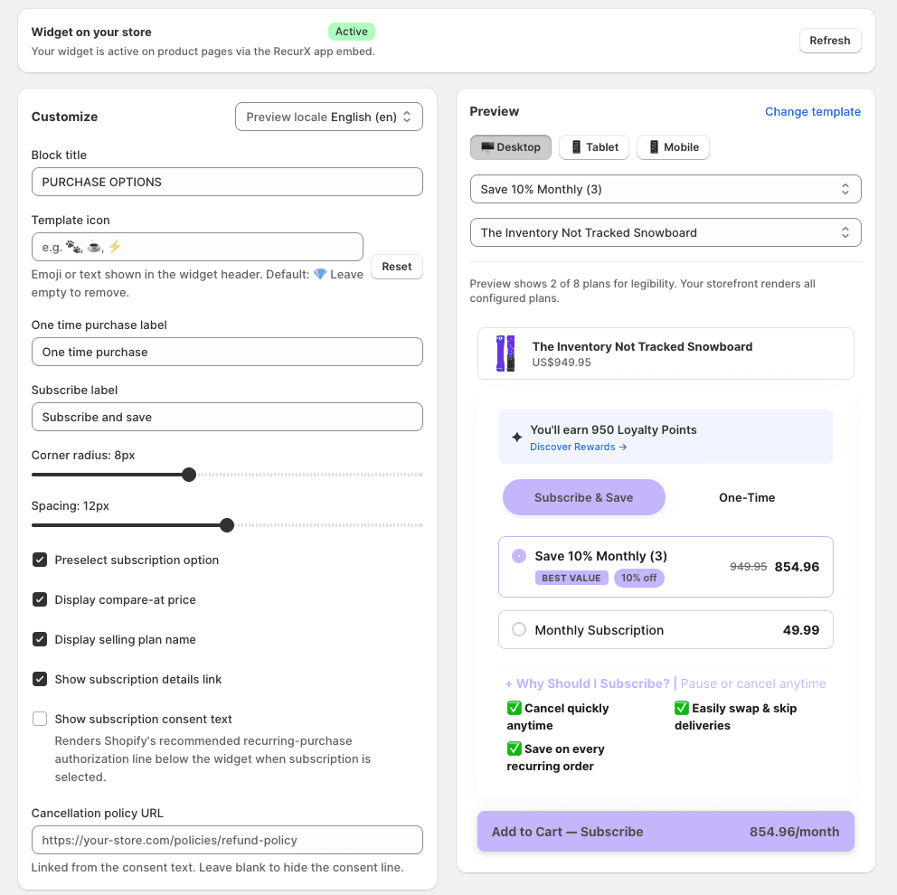 RecurX widget customizer with live storefront preview inside the Shopify admin