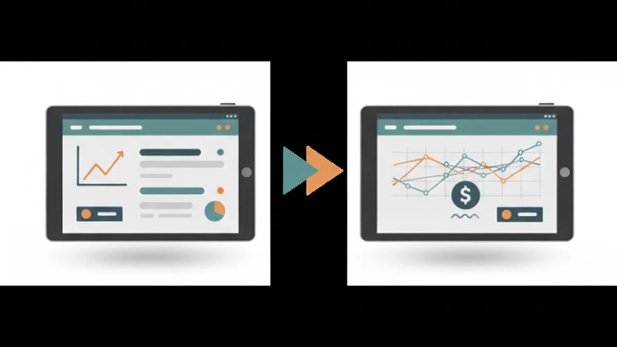 Two tablets side by side display subscription dashboards, connected by a versus arrow, one with a small rising chart and one with a larger multi-line chart and a dollar-sign fee label.
