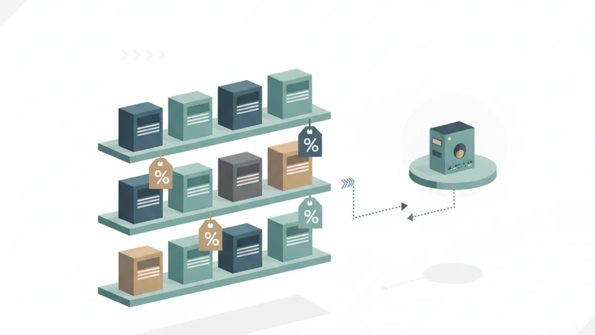 A grid of colorful subscription boxes on shelves, some with bold percentage tags, and one box on a separate platform connected by a dotted arrow.