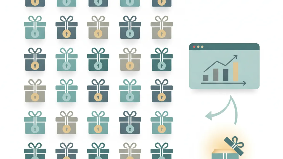 A grid of padlocked gift boxes with one open, glowing box connected by an arrow to a dashboard displaying a rising bar chart.