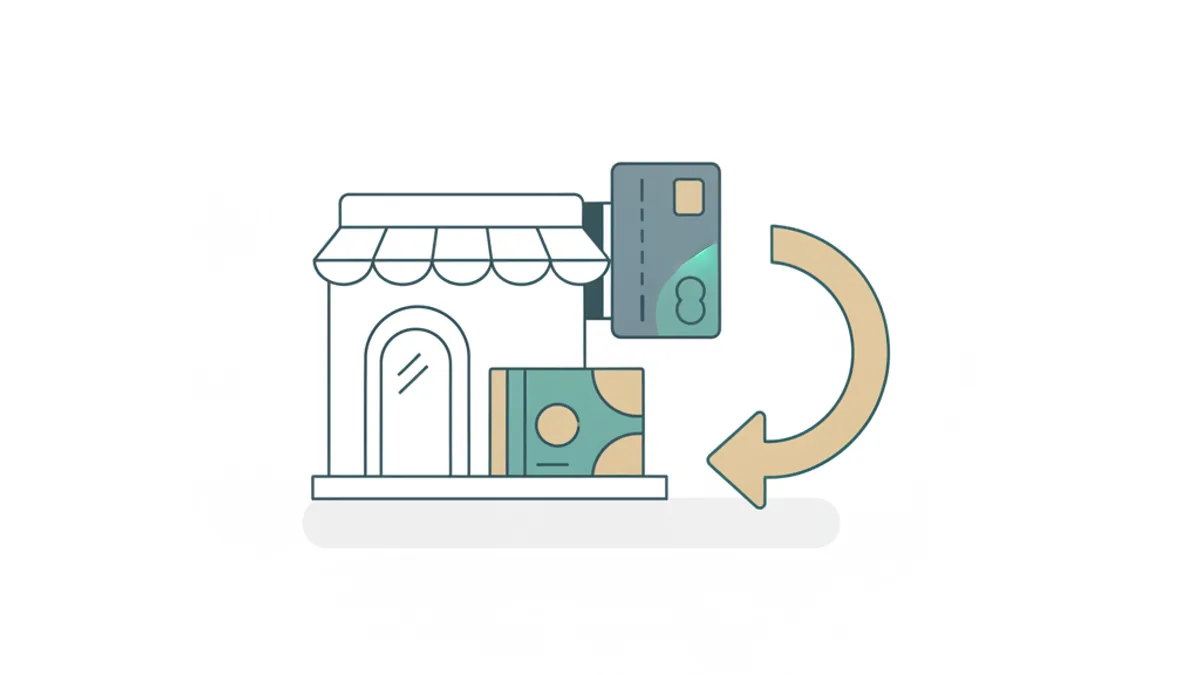 A credit card being pulled out of a reader beside a small storefront with a box on the counter and a curved arrow looping away.