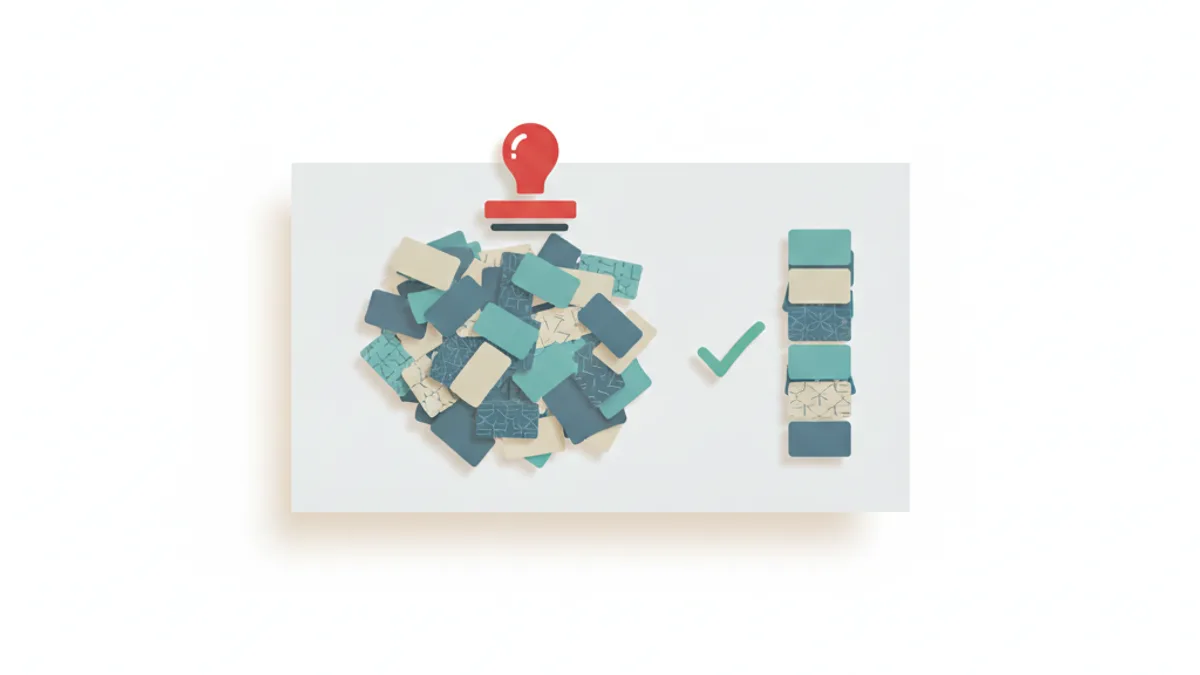 Overhead view of scattered subscription cards on a desk, a red cancel stamp over a stack, and a tidy column of cards with a green checkmark.