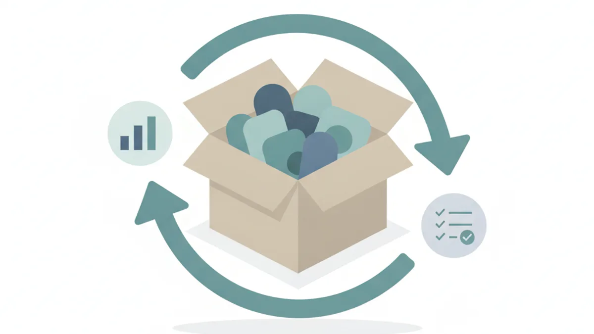 Open cardboard box with product samples, flanked by an upward bar chart and a checked list, with a circular arrow looping around it.