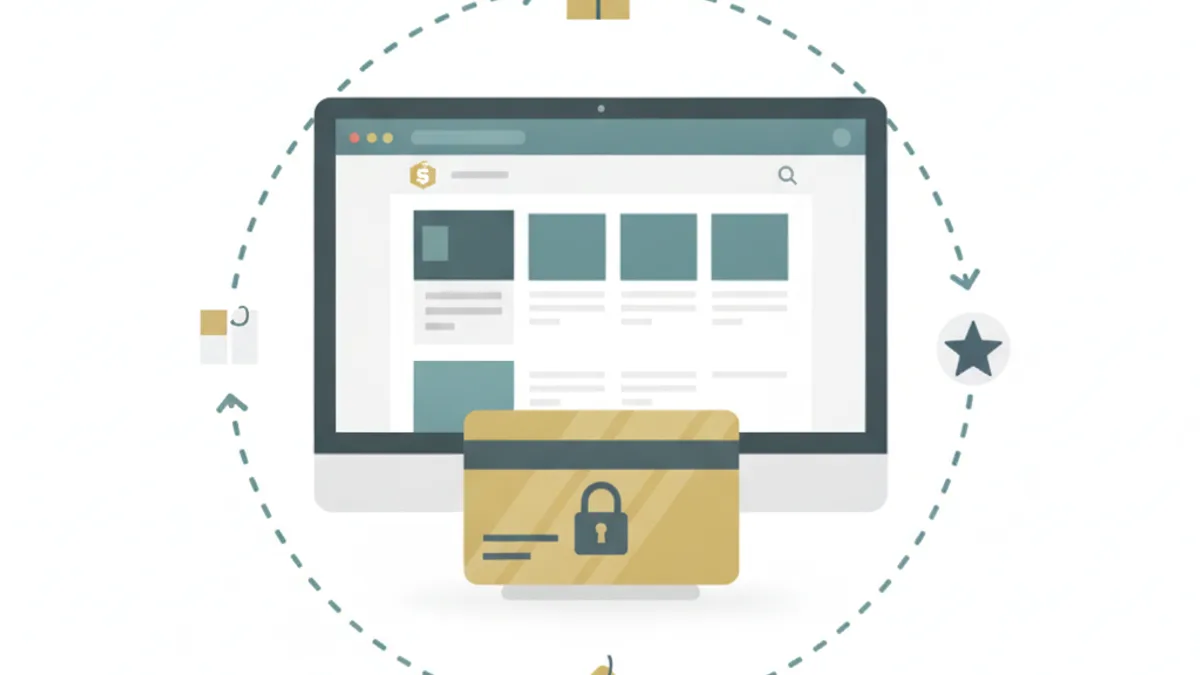 A monitor showing a Shopify storefront with a padlocked gold card in front, encircled by a recurring arrow and small gift, tag, and star icons.