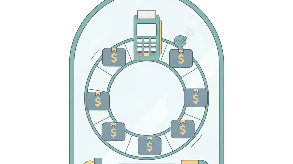 A circular conveyor belt loops dollar-sign boxes past a credit card reader in a storefront window, with a green checkmark appearing each cycle.