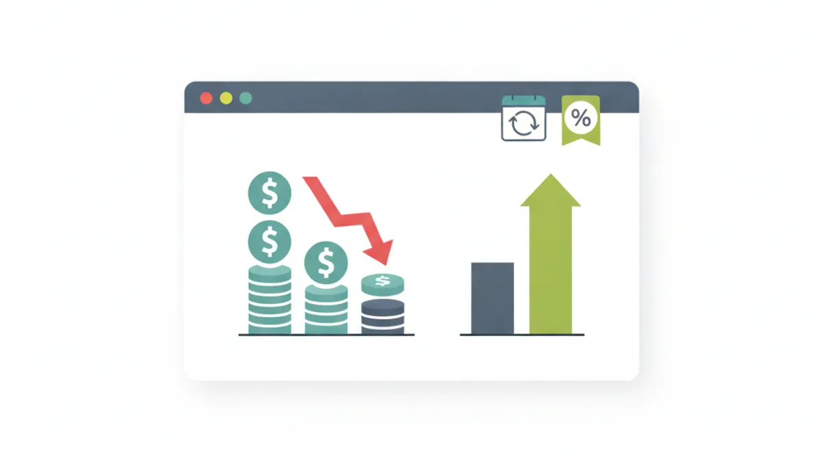 A dashboard screen shows two bar charts side by side, one shrinking under a red arrow and one rising in green, with a calendar and zero-percent badge overlaid.