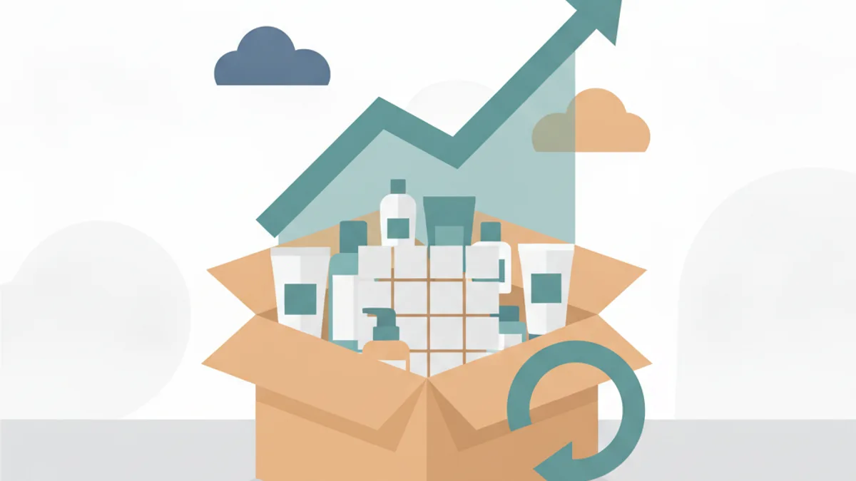 An open cardboard box with product samples sits in front of a rising line chart, encircled by a looping arrow.