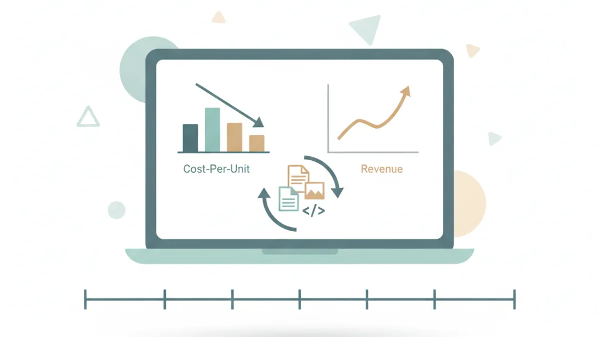 Laptop screen shows a falling bar chart beside a rising revenue curve, with a circular arrow around stacked file icons on a dotted timeline.