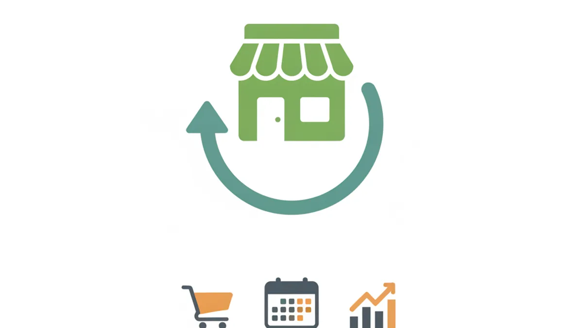 A green storefront icon with a looping arrow above three small icons: a shopping cart, a calendar, and a rising bar chart.