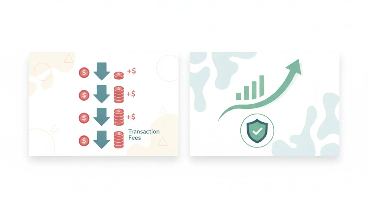 Split-screen of two checkout UIs: left shows red coin stacks beside order arrows, right shows a green flow with a shield and rising graph.