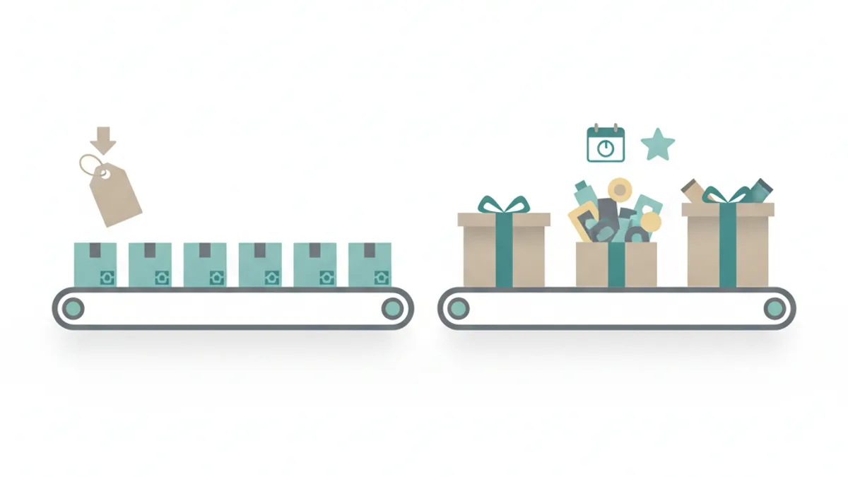 Two parallel conveyor belts, left carrying identical boxes toward a downward-arrow price tag, right carrying colorful curated items in a ribboned gift box.