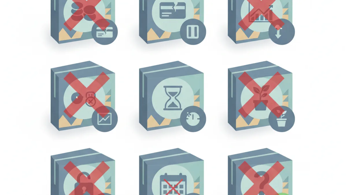 A 3×3 grid of subscription boxes, most marked with red X icons and one with a green checkmark, each overlaid with a small symbol.