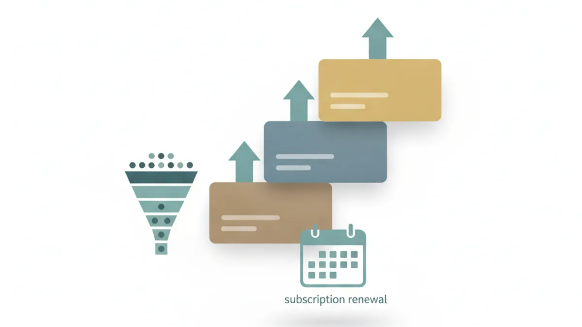 Three stacked loyalty tiers in bronze, silver, and gold rise left to right with upward arrows, beside a shrinking funnel and a calendar renewal icon.