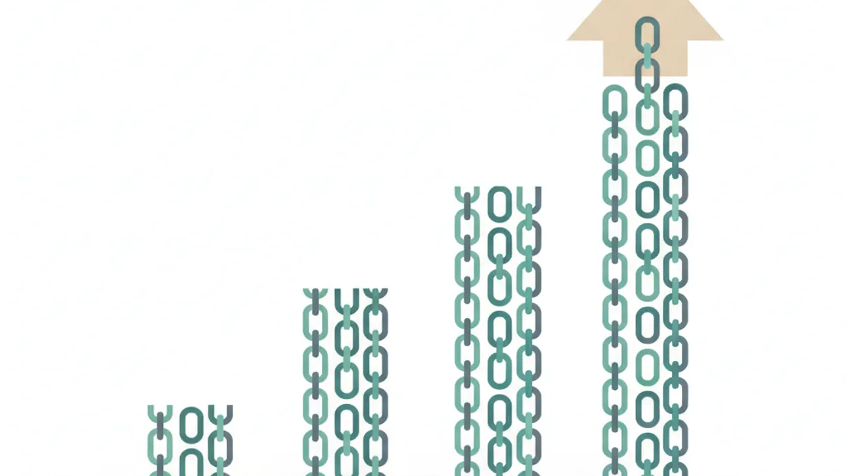 Bar chart of chain-link bars ascending left to right, with a bold upward arrow rising from the tallest bar on the right.