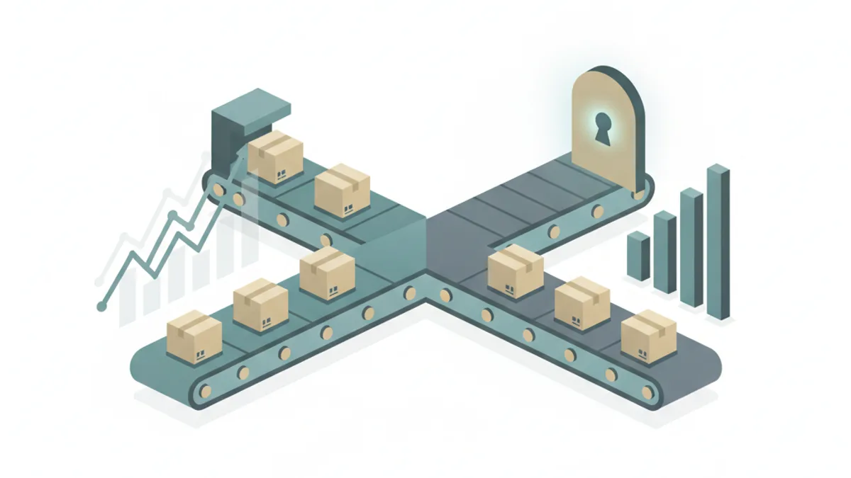 A split conveyor belt forks into two paths: one delivering boxed products at intervals, the other leading to a glowing keyhole door, with rising graphs beside each.