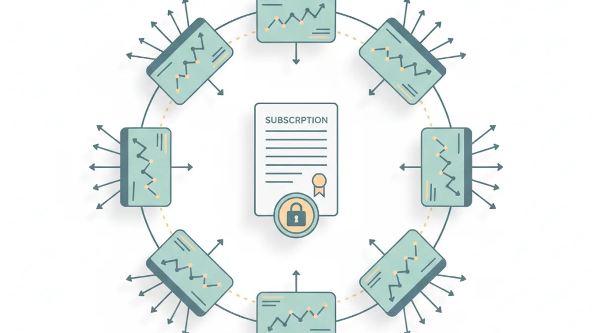 Dashboard cards orbit a central contract document, with upward MRR chart lines radiating outward and a padlock icon at the core.