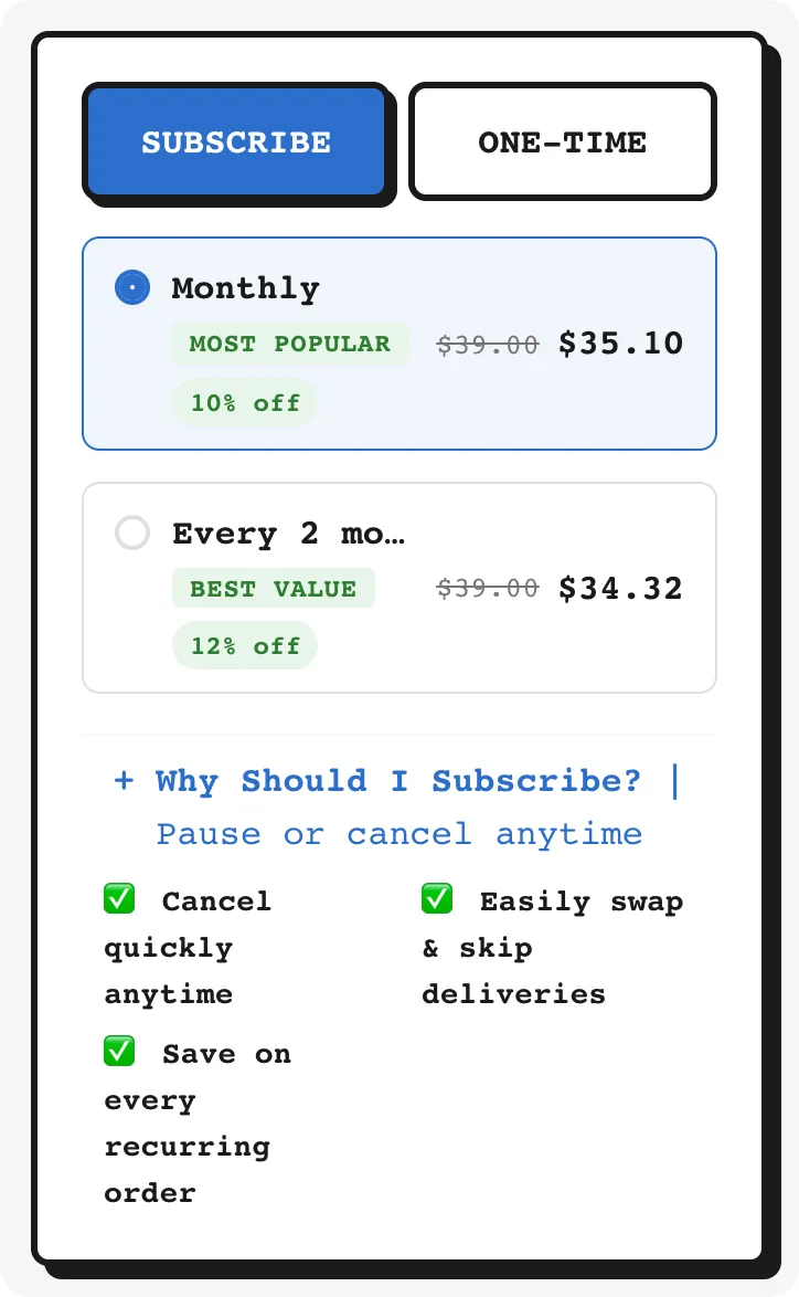 Neubrutalism subscribe-and-save widget